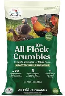 Manna Pro All Flock Crumbles – 16% Protein Complete Poultry Feed with Probiotics for Digestion, Crumbled Chicken & Game Bird Feed for All Flock Types, No Artificial Colors or Flavors, 25 lb
