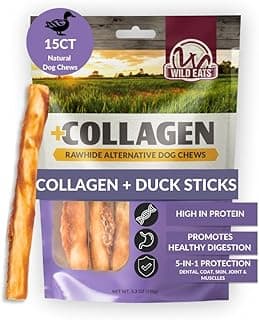 Wild Eats Real Duck Collagen Retriever Bully Sticks for Dogs, (15 Count), Long Lasting Dog Chews, No Hide Dog Treat Bully Stick Alternative, Rawhide Free, Low Fat, High Protein, Grain Free