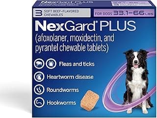 NexGard Plus (afoxolaner, moxidectin, and pyrantel) Flea and Tick Protection & Heartworm Preventive for Dogs Soft Beef Flavored Chewables, 33.1-66 lbs. (Purple) 3 Chews (3 Month Supply)