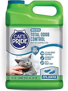 Cat's Pride Max Power: Total Odor Control - Up to 10 Days of Powerful Odor Control - Strong Clumping - Hypoallergenic - 99% Dust Free - Multi-Cat Litter, Unscented, 15 Pounds