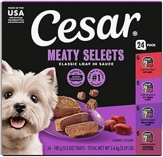 Cesar Classic Loaf in Sauce Wet Dog Food, Beef Recipe, Filet Mignon Flavor, Grilled Chicken Flavor, and Porterhouse Steak Flavor, 3.5 oz. Easy Peel Trays, Variety Pack (24 Count, Pack of 1)