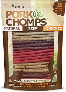 Pork Chomps Dog Chews, 5 Inch Munchy Sticks, 100 Count - Assorted Flavors: Roasted Pork, Chicken, & Bacon - Long-Lasting Treats for Dogs - High Protein, Low Fat, Healthy & Delicious Chews (1 Pack)