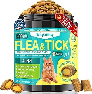 Woyamay 4-IN-1 Flea and Tick Prevention for Cats, 500 Crunchy & Creamy Chews, Cat Flea Treatment, Natural Oral Flea Treatment for Cats, Daily Support for Flea, Immune, Skin & Coat, Gut, Chicken Flavor