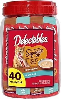 Delectables Squeeze Up Variety Pack, Creamy Squeezable Puree, Lickable Wet Cat Treats, Grain-Free, No Added Fillers, 0.5 Ounces Tube, 40 Tubes Total