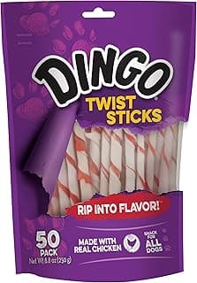 Dingo Twist Sticks Premium Rawhide Treats For Dogs Made with Real Chicken, 50 Count