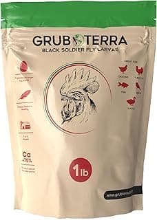 GrubTerra Black Soldier Fly Larvae for Chickens – Dried BSFL Poultry Treat, High Protein Calcium Feed Supplement for Laying Hens, Backyard Chickens, Sourced from Mexico, Not from China - 1LB