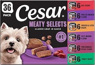 Cesar Wet Dog Food Classic Loaf in Sauce Grilled Chicken, Filet Mignon, Porterhouse Steak, Beef, Chicken & Liver and Turkey Variety Pack 3.5 oz. Easy Peel Trays (36 Count, Pack of 1)