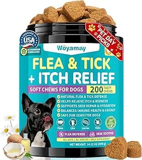 Woyamay Flea & Tick + Itch Relief for Dogs Chewables, Flea and Tick Prevention for Dogs, Dog Allergy Chews, Dog Itching Skin Relief & Skin Repair, Flea Treatment Dogs, 200 Soft Chews, Chicken Flavor