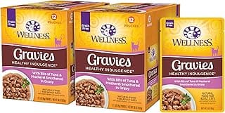 Wellness Healthy Indulgence Gravies Adult Wet Cat Food, Natural, Protein Rich, Grain Free, Tuna and Mackerel Recipe, 3 oz, Pack of 24 Pouches