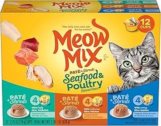 Meow Mix Paté & Shreds Wet Cat Food Variety Pack, Seafood & Poultry Favorites, 2.75 Ounce Cup (Pack of 12)