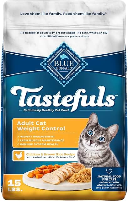 Blue Buffalo Tastefuls Chicken & Brown Rice Recipe Adult Dry Cat Food Weight Control, Real Chicken First, Deliciously Healthy Natural Cat Food, Supports Digestive Care and Coat Health, 15 lbs.