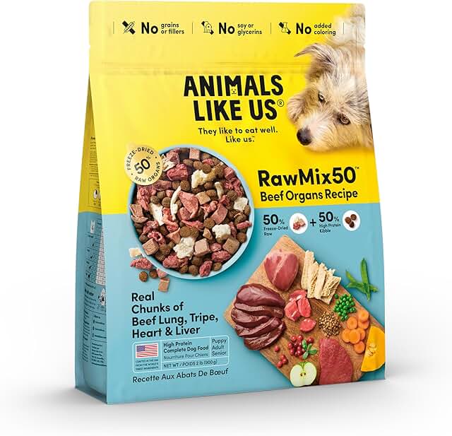 RawMix 50 Grass-Fed Beef Freeze-Dried Raw Mix Dog Food, 50% Raw + Kibble, High Protein, Grain-Free, Non-GMO, 2 lb