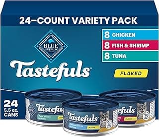 Blue Buffalo Tastefuls Flaked Adult Wet Cat Food Variety Pack (Tuna, Chicken, Fish & Shrimp), Natural Ingredients Enhanced with Vitamins, Minerals & Other Nutrients, 5.5-oz. Each (24 Cans)