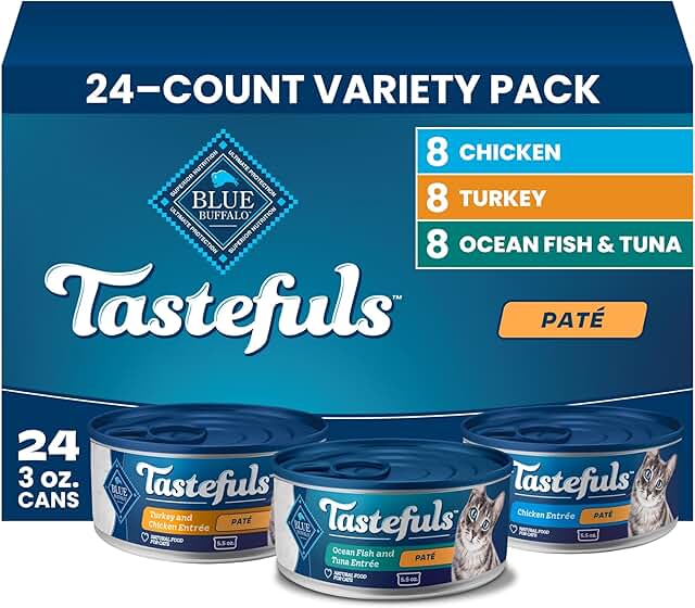 Blue Buffalo Tastefuls Wet Cat Food Paté Variety Pack (Chicken, Turkey & Chicken, Ocean Fish & Tuna) for Adult Cats, Made with Natural Ingredients, 5.5-oz. Each (24 Cans)