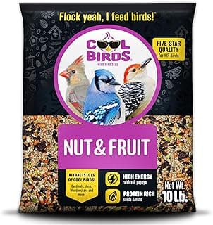 Cool Birds Nut & Fruit Wild Bird Seed – 10 lb. Gourmet Bird Food with Sunflower Hearts, Peanuts, Tree Nuts & Real Fruit – No Corn, Milo or Millet Bird Seed for Outside Feeders
