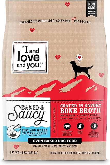 I and love and you Baked & Saucy Dry Dog Food with Gravy Coating, Beef & Sweet Potato Recipe, Grain-Free, Prebiotics & Probiotics, Real Meat, No Fillers, 4 Pound Bag