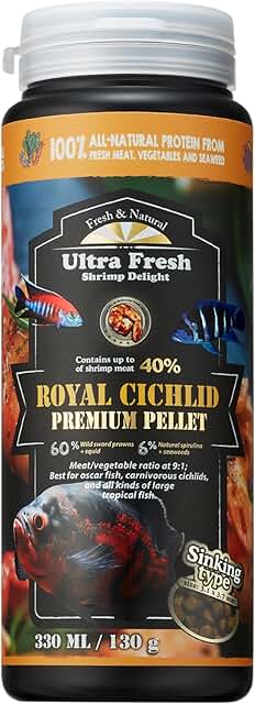 Ultra Fresh Cichlid Sinking Fish Food, Wild Sword Prawns, All Natural Ingredients, Carnivore Pellets for Large Cichlid and Tropical Fish, Royal Cichlid Premium Pellet 4.58 oz