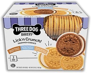 Three Dog Bakery Lick'n Crunch Sandwich Cookies Premium Dog Treats with No Artificial Flavors, Carob/Peanut Butter, Golden/Vanilla, 39 Ounces (Pack of 1)