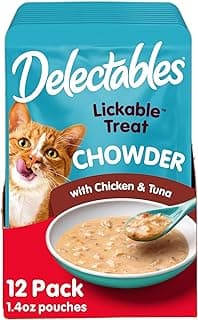 Delectables Lickable Treat Chowder Wet Cat Treat with Real Tuna & Chicken, Food Topper, Hydrating, Grain-Free, No Fillers, By-Products, Added Preservatives, 1.4oz Pouch, 12ct