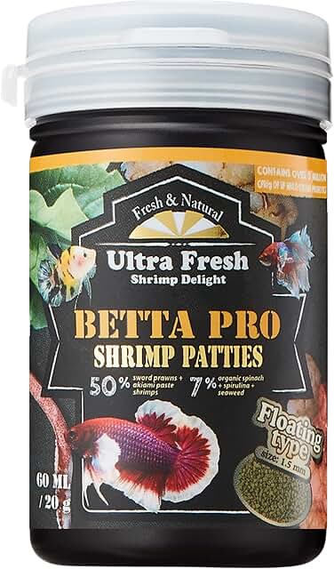 Ultra Fresh Betta Fish Food, Betta Pro Shrimp Patties, 50% Sword Prawns + Akiami Paste Shrimps, All Natural Protein, Rich in Vitamins, Healthy Development and Cleaner Water 0.7 oz