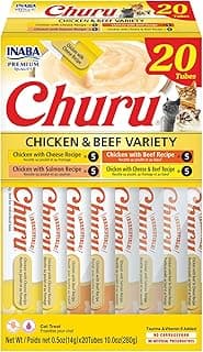 INABA Churu Cat Treats, Lickable, Squeezable Creamy Purée Cat Treat with Green Tea Extract & Taurine, 0.5 Ounces Each Tube, 20 Tubes, Chicken & Beef Variety Box