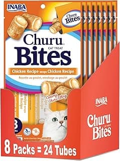 INABA Churu Bites for Cats, Soft/Chewy Baked Chicken Wrapped Churu Filled Cat Treats with Vitamin E, 0.35 Ounces per Tube, 24 Tubes Total (3 Tubes per Pack), Chicken Recipe