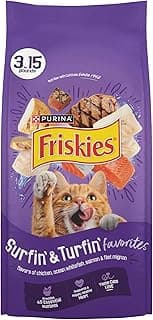 Purina Friskies Cat Food Surfin and Turfin Favorites Flavors of Chicken, Whitefish, Salmon and Filet Mignon - (Pack of 4) 3.15 lb. Bags