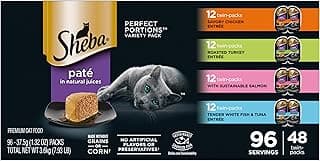 Sheba Perfect Portions Wet Cat Food Pate Savory Chicken, Roasted Turkey, with Sustainable Salmon, and Tender Whitefish & Tuna Variety Pack, 2.6 oz. Twin-Pack Trays (48 Count, 96 Servings)