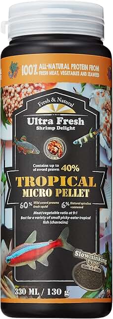 Ultra Fresh Tetra Fish Food, Slow Sinking, All Natural Ingredients, Wild Sword Prawns, Spirulina, Natural Color Enhancement, Small Granules for Small Fish, Tropical Micro Pellet 4.6 oz