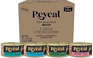 Reveal Fish Variety Pack Wet Cat Food in Broth, 12-Pack, 4-Flavor, Protein, Limited Ingredient, Grain Free, Canned Cat Food, No Fillers, No By-Products (12 x 2.47 oz Cans)