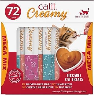 Catit Creamy Lickable Cat Treat – Healthy Variety of Flavors, 72 Pack, Hand-Feed or Serve, Nutrient-Rich Squeeze Tube, 0.5 oz Each