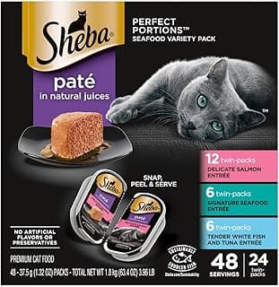 Sheba Perfect Portions Wet Cat Food Pate with Sustainable Salmon, Signature Seafood Entree, and Tender White Fish and Tuna Entree Variety Pack, 2.6 oz. Twin Pack Trays (24 Count, 48 Servings)