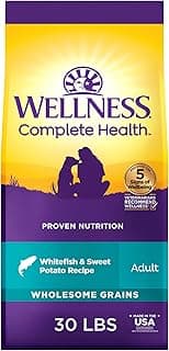 Wellness Complete Health Adult Dry Dog Food, Wholesome Grain Kibble, Natural, Chicken Free, Whitefish and Sweet Potato Recipe, 30 lb Bag