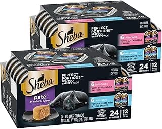 Sheba Perfect Portions Wet Cat Food Pate, Sustainable Salmon and Tender Whitefish & Tuna Entree, Cat Food Wet Recipe Variety Pack, 2.6 oz. Twin-Pack Trays (12 Count, 24 Servings) (Pack of 2)