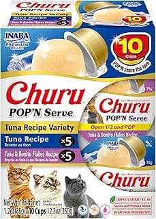 INABA Churu Pop'N Serve Jelly Cat Treat with Vitamin E & Taurine, 1.2 Ounce Cup, 10 Cups, Tuna Variety