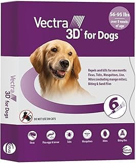 Vectra 3D Flea and Tick Prevention for Dogs, Kills and Repels Fleas, Ticks & Mosquitoes | Fast‑Acting, Waterproof, No Prescription Needed | Large Dogs 56–95 lbs, 6‑Month Supply