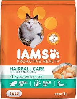 IAMS Proactive Health Dry Cat Food Hairball Care, Adult Cat Food, with Real Chicken and Salmon, 16 lb. Bag