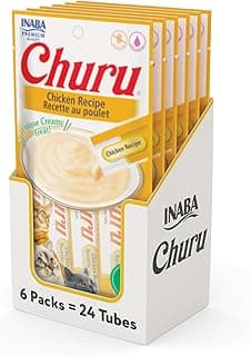INABA Churu Cat Treats, Lickable, Squeezable Creamy Purée Cat Treat with Green Tea Extract & Taurine, 0.5 Ounces Each Tube, 24 Tubes (4 per Pack), Chicken Recipe