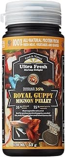 Ultra Fresh Royal Guppy Mignon Pellet, All Natural Guppy Food, Sword Prawns, Spirulina, Highly Nutritious, for Cleaner Water and More Vibrant Color 1.87 oz