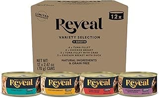 Reveal Fish and Chicken Variety Pack Wet Cat Food in Broth, 12-Pack, 4-Flavor, Protein, Limited Ingredient, Grain Free, Canned Cat Food, No Fillers, No By-Products (12 x 2.47 oz Cans)