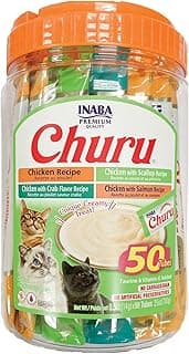 INABA Churu Cat Treats, Lickable, Squeezable Creamy Purée Cat Treat with Green Tea Extract & Taurine, 0.5 Ounces Each Tube, 50 Tubes, Chicken & Seafood Variety