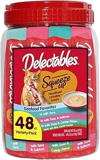 Delectables Squeeze Up Tuna with Salmon & Catnip Variety Pack, Creamy Squeezable Puree, Lickable Wet Cat Treats, Grain-Free, No Added Fillers, 0.5 Ounces Tube, 48 Tubes Total