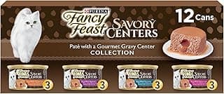 Purina Fancy Feast Savory Centers Wet Cat Food Pate Variety Pack With Chicken, Salmon, Beef, and Tuna Pate with Gravy Center - (2 Packs of 12) 3 oz. Pull-Top Cans