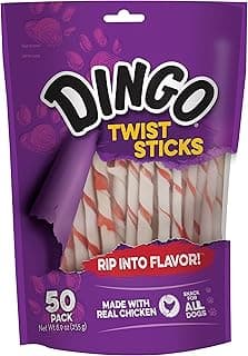 Dingo Twist Sticks Rawhide for Dogs, Made with Real Chicken, 50 Count