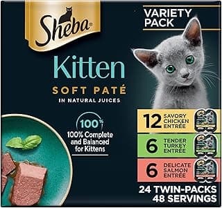 Sheba Perfect Portions Kitten Wet Cat Food Pate Chicken Entree, Salmon Entree, and Turkey Entree, 2.6 oz. Twin-Pack Trays (24 Count, 48 Servings)