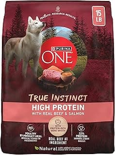 Purina ONE Natural High Protein Dry Dog Food Dry True Instinct with Real Beef and Salmon With Bone Broth and Added Vitamins, Minerals and Nutrients - 15 lb. Bag