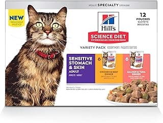Hill's Science Diet Adult Sensitive Stomach & Skin Wet Cat Food Variety Pack, Chicken & Beef, Salmon & Tuna, 2.8 oz. Pouches, 12-Pack