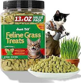 Just Try Cat Treats for Indoor Cats Hairball Control Natural Salmon Healthy Cat Grass Treats Kitten Snacks Training Biscuits Catnip for Cats Dental Care 13.4 OZ