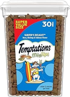 Temptations Cat Treats MixUps Surfer's Delight, Tuna, Shrimp, Salmon Flavor, Crunchy and Soft Cat Treats, 30 oz. Tub