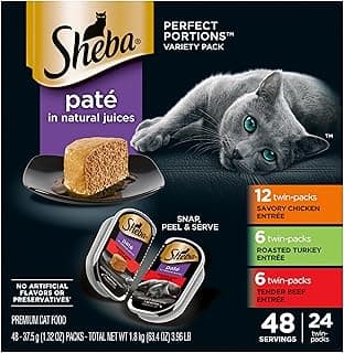 SHEBA Perfect Portions Paté Wet Cat Food Trays (24 Count, 48 Servings), Savory Chicken, Roasted Turkey, and Tender Beef Entrée, Easy Peel Twin-Pack Trays